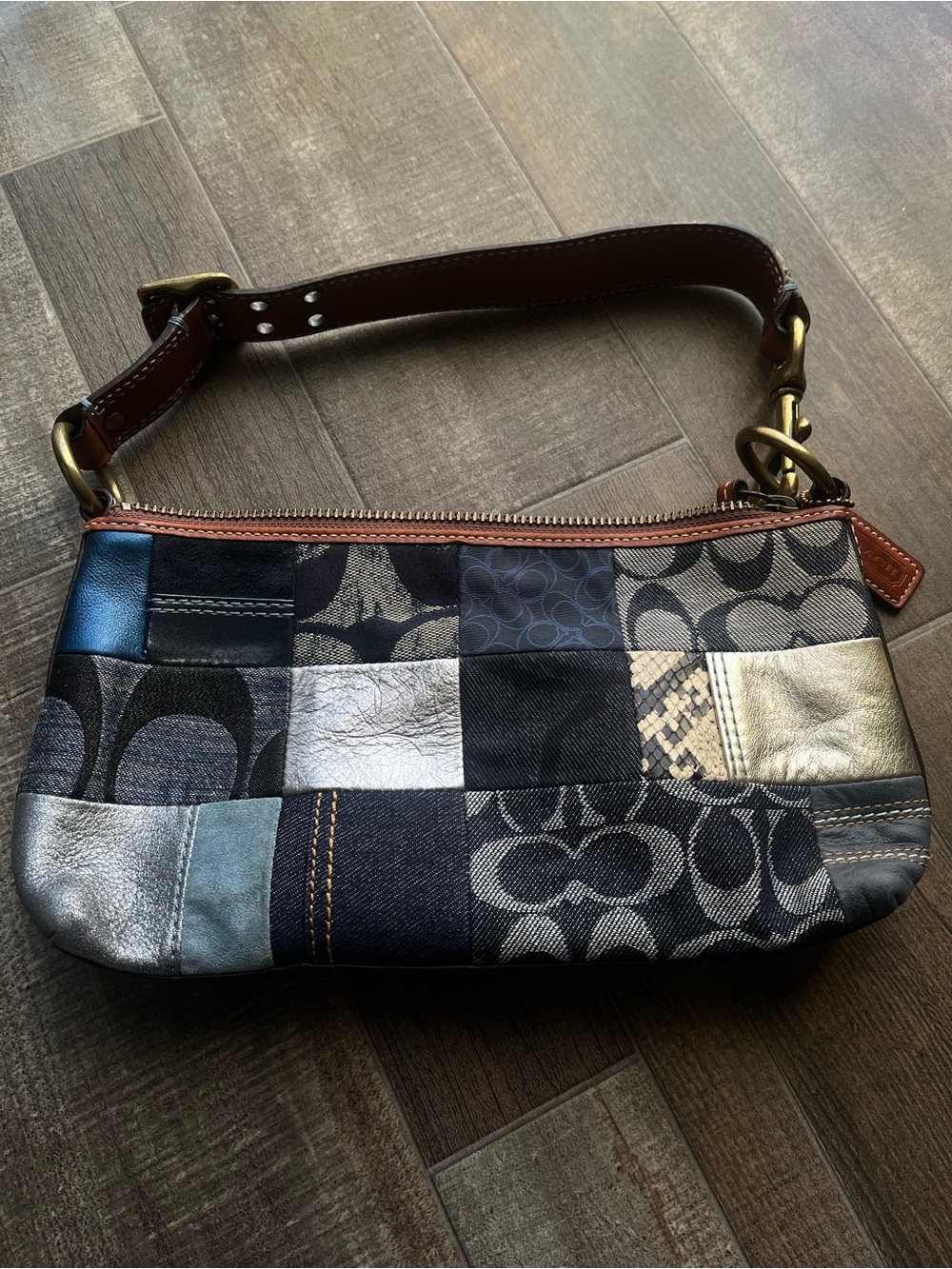 Coach Patchwork Signature Shoulder Bag in Blue, Black & Metallic